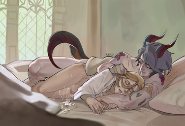 2_horns 5_fingers anal anal_penetration bed bedroom blonde_hair bodily_fluids bottomless bottomless_human bottomless_humanoid clothed clothed/nude clothed_human clothed_humanoid clothed_sex clothing cum cum_inside cum_on_face cum_on_leg cum_pool curved_horn day duo eyebrows eyes_closed fingers flaccid from_behind_position front_view furniture genital_fluids genitals gentle_sex grey_hair hair horn human_on_humanoid human_penetrated humanoid_penetrating humanoid_penetrating_human indoor_nudity indoor_sex inside interspecies light light_body light_skin lying lying_on_bed male male/male male_human male_humanoid male_on_human male_on_humanoid male_penetrated male_penetrating male_penetrating_male morning nude nude_humanoid nude_male obscured_anal obscured_penetration obscured_sex on_bed on_side parted_lips penetration penile penile_penetration penis penis_in_ass pillow scales sex sex_on_bed shirt shirt_only short_hair sleep_sex sleeping spoon_position tail tapering_tail text topwear topwear_only kvazi genshin_impact hoyoverse mihoyo mythology alhaitham_(genshin_impact) kaveh_(genshin_impact) animal_humanoid dragon dragon_humanoid horned_humanoid human humanoid mammal mythological_creature mythological_scalie scalie scalie_humanoid tailed_humanoid absurd_res artist_name english_description hi_res lighting wallpaper