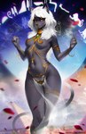 anthro black_body black_fur breasts cleavage clothed clothing dessert ear_piercing egyptian egyptian_clothing female food fur gold_(metal) grey_body grey_fur hair hieroglyphics inner_ear_fluff partially_clothed piercing purple_eyes pyramid simple_background small_breasts solo translucent translucent_clothing translucent_loincloth tuft white_hair ruberoidart egyptian_mythology middle_eastern_mythology mythology zahey_(kiyosama) domestic_cat felid feline felis mammal absurd_res digital_media_(artwork) hi_res