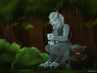 anthro bodily_fluids clothed clothing female forest fur holding_object plant raining sitting solo tears tree conditional_dnp esealia blizzard_entertainment warcraft canid canine mammal werecanid werecreature worgen 4:3 digital_media_(artwork) hi_res shaded