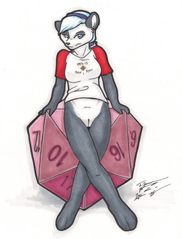 anthro blue_eyes blue_hair bottomless clothed clothing d20 d8 dice female front_view genitals hair leaning leaning_backward looking_at_viewer simple_background solo vulva white_background os bear giant_panda mammal hi_res