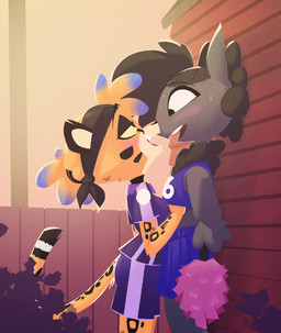 against_surface against_wall anthro bandanna_on_head biped blue_highlights blush blush_lines bodily_fluids cheerleader_outfit choker clothed clothing crop_top crossdressing detailed_background dominant dominant_female duo eye_contact feeling_chest feeling_up female femboy fur gentle_femdom grey_body grey_fur hair hand_under_shirt highlights_(coloring) jewelry leaning leaning_forward looking_at_another male male/female necklace orange_body orange_fur orange_hair plant ruff shirt shrub small_waist smile smiling_at_another smiling_at_partner soccer_uniform sportswear submissive submissive_male sweat topwear uniform yellow_sclera pusszone anton_(willwri) barika_(willwri) bovid caprine cheetah felid feline mammal sheep 2025 hi_res