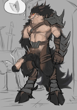 animal_genitalia animal_penis annoyed anthro armor balls big_balls big_penis black_body black_fur brown_body brown_fur dewclaw digitigrade emphasis_lines equine_genitalia equine_penis fur genitals hooves horn huge_balls huge_penis male mismatched_genitalia mismatched_penis penis solo tail thought_bubble yellow_eyes laobai bai_(laobai) canid demon hybrid mammal absurd_res hi_res
