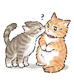 ambiguous_gender bodily_fluids duo face_to_face feral fur grey_body grey_fur looking_at_another nervous nervous_sweat paws pink_nose quadruped question_mark simple_background sitting sweat tail whiskers white_background white_body white_fur yellow_body yellow_eyes yellow_fur gentleeeeeeecat domestic_cat felid feline felis mammal colored digital_drawing_(artwork) digital_media_(artwork) hi_res shaded