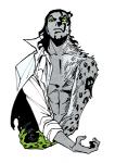 abs claws clothed clothing green_eyes looking_at_viewer looking_down male open_clothing open_shirt open_topwear shirt simple_background solo topwear transformation prepbon one_piece rob_lucci_(one_piece) felid human leopard mammal pantherine