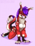 anthro blue_eyes breasts claws fangs female fur hair looking_at_viewer nude piercing purple_hair sabertooth_(anatomy) simple_background smile solo spots tail teeth whiskers wintersnowolf xenoforge caffeine_freakhound freakhound hybrid mammal digital_media_(artwork)