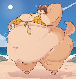 anthro beach belly big_belly big_breasts bikini bodily_fluids bottle breasts brown_hair clothing cloud container double_chin eyewear eyewear_on_head female footprint fur hair hair_over_eyes hand_behind_head holding_bottle holding_container holding_object holding_water_bottle huge_belly love_handles morbidly_obese morbidly_obese_anthro morbidly_obese_female motion_lines navel obese obese_anthro obese_female outside overweight overweight_anthro overweight_female pawprint sand solo standing sun sunglasses sunglasses_on_head sweat swimwear tan_body tan_fur two-piece_swimsuit water_bottle wearing_sunglasses low_res_art marie_(low_res_art) canid canine canis domestic_dog mammal hi_res