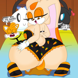 anthro bedroom bedroom_eyes big_breasts big_butt bikini blush breasts butt clothing curvy_figure duo facesitting female hourglass_figure male male/female narrowed_eyes seductive sitting sitting_on_another squish swimwear two-piece_swimsuit underwear voluptuous 3barts sega sonic_the_hedgehog_(series) cream_the_rabbit miles_prower canid canine fox lagomorph leporid mammal rabbit 1:1 absurd_res hi_res
