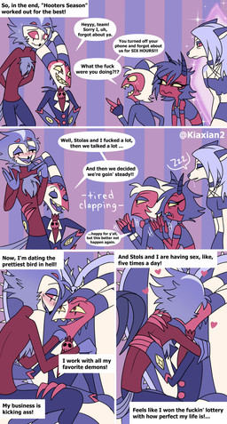 4_eyes 4_fingers angry anthro beak black_beak black_hair blush bodily_fluids bottomwear bow_tie canon_couple chair chest_tuft clapping cleavage_cutout clothing coat collar crop_top cutout dialogue drooling embarrassed eye_contact eyebrows eyes_closed feather_hair feather_tuft feathers female fingerless_gloves fingers forehead_mark freckled_face freckles fur furniture gloves glowing_pupils grey_body grey_feathers grey_fur grey_hair group hair half-closed_eyes hand_on_shoulder hands_behind_back handwear heart_(marking) heart_symbol horn inside keyhole_turtleneck kissing long_hair looking_at_another making_out male male/male markings midriff mole_(marking) mole_under_eye multi_eye multicolored_body narrowed_eyes office office_chair on_chair on_lap open_mouth open_smile pants profanity pseudo_hair red_body red_eyes red_sclera romantic romantic_couple saliva saliva_string sharp_teeth shirt short_hair shorts sitting sitting_on_chair sitting_on_lap sleeping smile snoring sound_effects speech_bubble spiked_collar spikes striped_horn stripes sweat sweatdrop sweater tail tail_feathers talon_hands teeth text tongue topwear tuft turtleneck vowelless vowelless_sound_effect wallpaper_(decoration) white_body white_eyes white_fur white_hair yellow_sclera yellow_teeth zzz kiaxian2 hellaverse helluva_boss mythology blitzo_(helluva_boss) loona_(helluva_boss) millie_(helluva_boss) moxxie_(helluva_boss) stolas_(helluva_boss) animal_humanoid avian avian_humanoid bird bird_humanoid canid canid_demon canine demon demon_humanoid hellhound horned_humanoid humanoid imp mammal mythological_canine mythological_creature owl owl_humanoid absurd_res artist_name comic english_text hi_res watermark