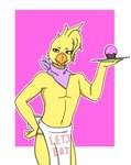 anthro beak crossgender cupcake feathers femboy food holding_object holding_plate kerchief male neckerchief neckwear outline purple_sclera solo yellow_body yellow_feathers qunteki five_nights_at_freddy's scottgames chica_(fnaf) avian bird chicken galliform gallus_(genus) phasianid hi_res