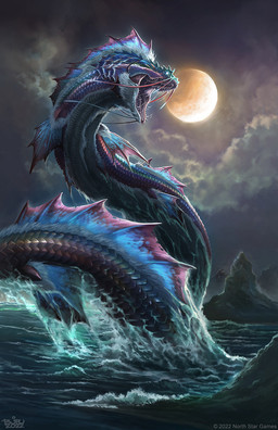 ambiguous_gender blue_body blue_scales cloud detailed_background feral full_moon island moon night open_mouth outside scales sharp_teeth solo teeth text water whiskers brian_valeza bakunawa sea_serpent 2022 digital_media_(artwork) english_text hi_res official_art