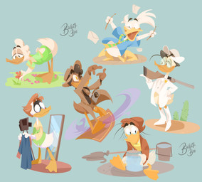 4_fingers anthro black_hair blue_background blue_eyes bottomless brown_body brown_feathers bucket cactus camera carpet clothed clothing coat container eyebrows feathers fingers flower grey_hair group gun hair male necktie plant ranged_weapon shirt simple_background topwear weapon white_body white_feathers yellow_eyes ballpitbee alistair_boorswan fethry_duck gene_the_genie_(ducktales) gladstone_gander john_d._rockerduck kildare_coot anatid anseriform anserine avian bird coot duck goose swan 2020 absurd_res hi_res signature