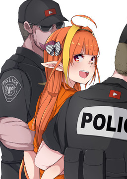 accessory baseball_cap clothing eyewear female furgonomics group hair hat headgear headwear horn horn_accessory horn_ribbon humanoid_pointy_ears long_hair looking_back male not_furry open_mouth orange_clothing orange_hair pointy_ears police police_uniform ribbons short_hair simple_background smile sunglasses text uniform white_background yagitani_hitsuji hololive vtuber youtube coco_kiryu elf horned_humanoid human humanoid mammal 2020 absurd_res digital_media_(artwork) hi_res