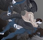 5_fingers back_spines big_breasts black_body black_claws black_tail blowup_background bottomless breasts claws cleavage clothed clothing curvy_figure dominant dominant_female duo earless eyeless female female_humanoid female_on_top female_penetrated finger_claws fingers grabbing_face grey_background grey_body grin huge_breasts long_head male male/female multicolored_body no_bra non-mammal_breasts noseless not_furry off_shoulder on_top pantsless penetration pose scared scared_face shaggy_hair shark_tail sharp_teeth shoulderless_sweater side_view simple_background smile solo sweater sweater_only tail tail_ridge tail_spines tail_wrapped_around tan_clothing tan_sweater tan_topwear teeth thick_thighs three-quarter_view topwear topwear_only two_tone_body sagehoods alien_(franchise) xenomorph_girlfriend alien animal_humanoid fish fish_humanoid humanoid marine marine_humanoid shark_humanoid tailed_humanoid xenomorph 2024 cel_shading dated digital_media_(artwork) hi_res shaded signature