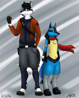 anthro backpack belt blue_body blue_eyes blue_fur clothed clothing digitigrade duo fluffy footless_legwear footless_socks footwear fully_clothed fur gloves grey_background hand_in_pocket handwear hoodie jacket legwear looking_at_viewer male pattern_background pockets pokeball red_eyes scarf simple_background smile socks spikes standard_pokeball standing stirrup_legwear stirrup_socks sweater thigh_highs topwear white_body white_fur year zipper zipper_topwear jeffthehusky nintendo pokemon lexros_rayzr canid canine canis domestic_dog generation_4_pokemon husky lucario mammal nordic_sled_dog pokemon_(species) spitz 2016 dated signature