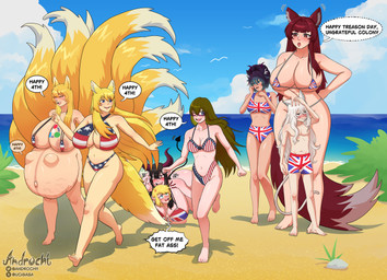 angry anthro anthro_on_anthro anthro_penetrated anthro_penetrating anthro_penetrating_anthro beach bikini bodily_fluids breasts clothing crushed_under eyewear falling_over female fluffy fluffy_tail fox_ears fox_tail glasses holidays hyper laughing_at_another looking_back macro penetration petting_hair plant pregnant reaching_out running saliva sand sea sex shy skimpy_bikini stretch_marks swimwear tail teams text two-piece_swimsuit under_boob water androchi 4th_of_july animal_humanoid canid canine demon fox humanoid mammal absurd_res english_text hi_res