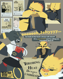 anthro big_breasts bodily_fluids book bottomwear breasts bulge clothing dialogue duo female genitals humor in_heat male miniskirt penis pictures profanity scrolling skirt speech_bubble suspenders sweat text throbbing throbbing_penis mentiravevo nintendo pokemon eeveelution generation_1_pokemon generation_2_pokemon jolteon pokemon_(species) umbreon 4:5 absurd_res comic english_text hi_res