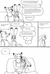 2023 4_fingers anthro bed bernielover bernielover's_college_au blush bottomwear breasts canid canine claws clothed clothing comic cuddling dialogue disney duo english_text female finger_claws fingers fox fur furniture group hi_res humanoid_hands judy_hopps lagomorph leporid male male/female mammal monochrome nick_wilde pants rabbit red_fox shirt shorts sitting smile speech_bubble tank_top text topwear true_fox watching_tv zootopia