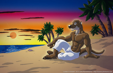 abs anthro athletic beach biceps biped black_nose bottomwear brown_body brown_fur bulge claws clothed clothing detailed_background fur grin male muscular muscular_anthro muscular_male outside palm_tree pawpads paws pecs plant pose sand sea seaside shorts sitting sitting_on_ground smile solo sun sunset tail toe_claws topless tree water white_body white_fur cooner lunden mammal mustelid otter