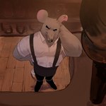 1:1 2024 anthro apron biped black_nose bottomwear cheesemaster_(cookie_run) clothing cookie_run detailed_background eyes_closed grey_body hi_res makfuno male mammal murid murine pants rat rodent shirt solo topwear