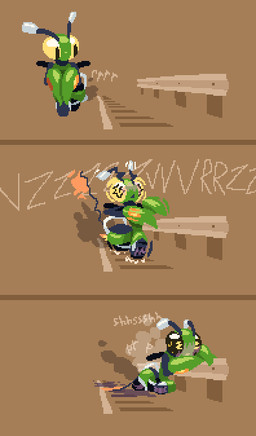 3_panel_comic ambiguous_gender antennae_(anatomy) black_sclera blush bodily_fluids brown_background cum exhaust_smoke flag flag_(object) genital_fluids green_body guardrail headlight_eyes leaning_on_object leaning_on_railing machine metallic_body moped oil oil_cum onomatopoeia orgasm road rumble_strip shaking simple_background smoke solo sound_effects text tire unusual_bodily_fluids unusual_cum unusual_genital_fluids vehicle giik emmie_(giik) arthropod insect living_machine living_vehicle mantis 2025 comic digital_drawing_(artwork) digital_media_(artwork) pixel_(artwork) nonbinary_(lore)