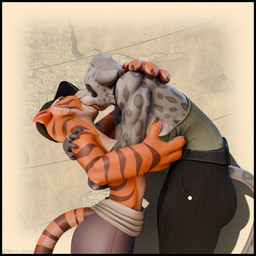 anthro big_breasts black_border border breasts clothed clothing duo female female/female french_kissing green_eyes hat headgear headwear humor kissing plot_twist shadow shirt smug tank_top topwear touching_breasts unexpected wall_(structure) yellow_eyes mess_maker sladdoska_(modeler) valorlynz_(modeler) dreamworks kung_fu_panda the_bad_guys kitty_kat_(the_bad_guys) master_tigress felid feline felis mammal pantherine snow_leopard tiger 1:1 3d_(artwork) comic digital_media_(artwork) hi_res