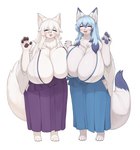 anthro asian_clothing big_breasts blue_hair blush bottomwear breast_squish breasts chest_tuft clothing curvy_figure duo east_asian_clothing female female/female female_anthro fluffy fur hair hakama huge_breasts japanese_clothing kemono married_couple mature_female multicolored_ears multicolored_hair pawpads squish tuft voluptuous white_body white_fur white_hair wife wife_and_wife inake cattleya_mari lily_mari arctic_fox arctic_wolf canid canine canis fox mammal true_fox wolf absurd_res digital_media_(artwork) hi_res