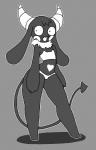 anthro black_body clothed clothing female heart_symbol horn long_ears open_mouth simple_background skimpy smile solo spade_tail standing tail doremian bibi_(o-den) demon monochrome