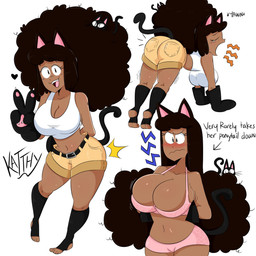 afro ambiguous_gender annoyed anthro big_breasts biped black_hair blush blush_lines bouncing_breasts bra breasts cleavage closed_frown clothed clothed_female clothed_humanoid clothing directional_arrow duo fangs female female_focus feral frown gesture hair hand_gesture hanging_breasts heart_symbol humanoid_focus motion_lines mouth_closed multiple_poses open_mouth open_smile panties pink_bra pink_clothing pink_panties pink_underwear pose smile solo_focus stretching tail teeth text underwear underwear_only v_sign yawn jinu katthy_(jinu) animal_humanoid cat_humanoid domestic_cat felid felid_humanoid feline feline_humanoid felis humanoid mammal mammal_humanoid 1:1 2018 character_name digital_drawing_(artwork) digital_media_(artwork) english_text hi_res model_sheet