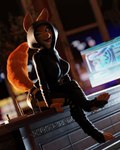 anthro backlighting city cityscape claws clothed clothing computer_monitor costume crossed_legs depth_of_field desk digitigrade ears_through_headwear feet female finger_claws fluffy fluffy_tail foot_wraps footwear fur furniture hood inside jumpsuit laugh light looking_at_viewer night ninja office one_eye_closed orange_body orange_fur pink_nose sitting smile solo table tail toe_claws tongue tongue_out urban warrior wink winking_at_viewer wraps fever-dreamer dreamworks the_bad_guys diane_foxington diane_foxington_(furromantic) canid canine fox mammal 3d_(artwork) 4:5 blender_(artwork) digital_media_(artwork) hi_res lighting