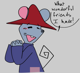 anthro biped blue_body blush chibi clothed clothing dialogue hat headgear headwear simple_background solo standing text zigzakk gamba_no_bouken gamba_no_bouken_(series) shijin mammal mouse murid murine rodent 2025 english_text hi_res