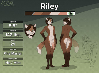 4_toes 5_fingers anthro balls biped bottomwear brown_body brown_fur brown_hair brown_tail butt clothed clothed_anthro clothed_male clothing countershade_torso countershading feet fingers front_view fully_clothed fully_clothed_anthro fully_clothed_male fur genitals green_eyes hair looking_at_viewer male navel nude nude_anthro nude_male penis rear_view sitting smile solo standing tail text toes topwear kittydee gulonine mammal marten mustelid musteline 2026 digital_drawing_(artwork) digital_media_(artwork) english_text model_sheet