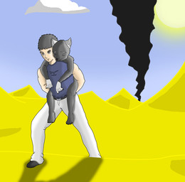 ambiguous_gender anthro brown_eyes carrying_another clothed clothing cloud desert duo eyes_closed male nude outside piggyback sand sky sleeping sun tired unimpressed unknown_artist canid canine human mammal