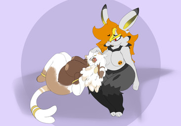 anthro areola big_breasts big_butt bracelet breasts butt cuddling duo eyewear female female/female glasses hair headpat jewelry nipple_piercing nipples orange_areola orange_hair orange_nipples piercing red_eyes thick_thighs wearing_glasses white_hair artesjsc nintendo pokemon danya_(anewkindofcreature) cinderace eeveelution espeon generation_2_pokemon generation_8_pokemon pokemon_(species) hi_res