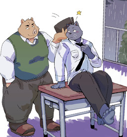 5_toes accessory anthro black_nose blush bottomwear brown_body clothing desk duo feet footwear furniture inside kemono male necktie pants raining sandals shirt shoes shrit sitting slightly_chubby standing sweater sweater_vest table toes topwear vest white_clothing white_shirt white_topwear arufina_w domestic_cat felid feline felis mammal suid suine sus_(pig) wild_boar 2026 absurd_res hi_res