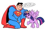 duo female feral happy horn kneeling male on_one_knee scratching_head simple_background speech_bubble white_background wings wobastt dc_comics friendship_is_magic hasbro my_little_pony mythology superman_(series) superman twilight_sparkle_(mlp) equid equine human mammal mythological_creature mythological_equine winged_unicorn hi_res