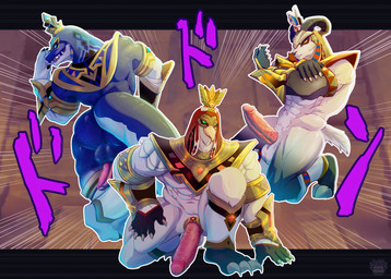 accessory anthro cock_ring genitals group humanoid_genitalia humanoid_penis jewelry jojo_pose male muscular muscular_male penis penis_accessory penis_jewelry pillar_men_pose trio koyo_draka egyptian_mythology genshin_impact middle_eastern_mythology mihoyo mythology heryshaf_(genshin_impact) sobek_(genshin_impact) thoth_(genshin_impact) avian bird bovid caprine crocodile crocodilian goat ibis mammal pelecaniform reptile scalie threskiornithid hi_res letterbox