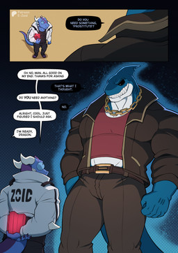 anthro belt blue_body blue_eyes chain claws clothing cyberpunk dialogue duo finger_claws jacket leather leather_clothing leather_jacket leather_topwear machine male male/male midriff muscular piercing sharp_teeth silhouette size_difference speech_bubble streetwear suit tail techwear teeth text topwear e-zoid kiddie_jukes mythology abyss_(e-zoid) zoid_(e-zoid) aquatic dragon fish mythological_creature mythological_scalie scalie shark absurd_res comic english_text hi_res multiple_scenes