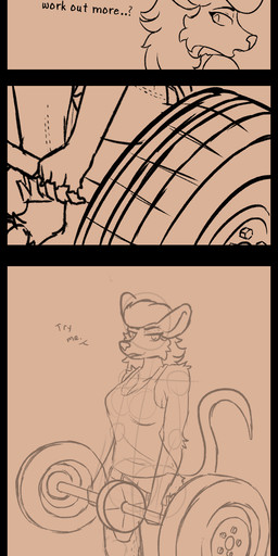anthro belt bottomwear breasts clothing crotch_tuft dialogue exercise female lifting_weight pants paws pompadour shirt solo strong_female tail tank_top text tomboy topwear tuft weightlifting workout posspowered bonnie_vale_(posspowered) american_opossum mammal marsupial virginia_opossum absurd_res comic english_text hi_res unfinished