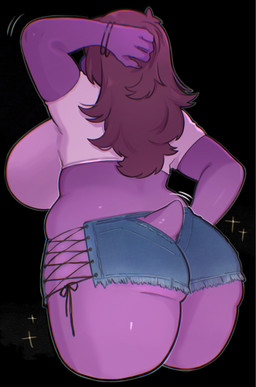 anthro big_breasts big_butt bottomwear breasts brown_hair butt clothing daisy_dukes denim denim_bottomwear denim_clothing denim_shorts female furgonomic_pants hair hand_on_hip hotpants huge_breasts non-mammal_breasts purple_body purple_scales purple_tail rear_view scales short_tail shorts solo standing tail thick_thighs wide_hips underchikichan deltarune undertale_(series) susie_(deltarune) reptile scalie 2026 digital_media_(artwork) hi_res japanese_description portrait three-quarter_portrait