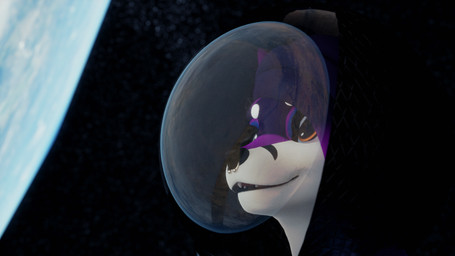 anthro dark depth_of_field facial_piercing female floating fur looking_up nose_piercing orange_eyes piercing purple_body purple_fur septum_piercing slim smile solo space itsjag jag canid canine fox mammal 16:9 3d_(artwork) blender_(artwork) digital_media_(artwork) hi_res widescreen gynomorph_(lore) trans_(lore) trans_woman_(lore)