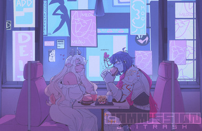 ambiguous_gender anthro antlers armor armor_plates bedroom_eyes beverage blonde_hair blue_body blue_eyes blue_hair blush brown_body brown_fur burger cape clothed clothing date detailed_background dinner dinner_date dinner_table dress duo eating eating_food eyelashes female female/ambiguous food freckled_face freckled_shoulders freckles fries fur hair hand_on_face horn knight knight_armor long_eyelashes long_hair looking_at_another love makeup narrowed_eyes piercing red_cape red_clothing red_eyes red_nose romantic romantic_couple scut_tail seductive short_tail sitting soda tail warrior white_clothing white_dress jxitrash deltarune undertale_(series) kris_dreemurr noelle_holiday cervine deer human mammal new_world_deer reindeer soul_(undertale) 2022 signature