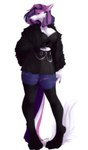 alternative_fashion anthro black_clothing bottomwear claws clothing female green_eyes purple_body skirt solo tail thick_thighs white_body sekaitoroto alexandra_reznova sergal digital_media_(artwork) digital_painting_(artwork)