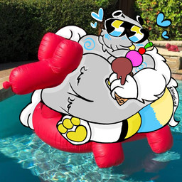 algabralien ambiguous_gender anthro big_butt blep butt eyewear flabby_arms gain heart_symbol moobs overweight pawpads pool_float sitting sunglasses tongue tongue_out weights bismuth123 1:1 digital_drawing_(artwork) digital_media_(artwork) hi_res