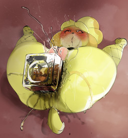 alcohol_enema anal anal_fluids anal_orgasm anal_penetration anthro bodily_fluids bottle_in_ass ejaculation female genital_fluids genitals hands-free lying orgasm orgasm_face penetration solo spread_legs spreading tail unsigned vaginal_fluids vaginal_squirting vulva yellow_body mdthetest animal_crossing nintendo isabelle_(animal_crossing) canid canine canis domestic_dog mammal hi_res