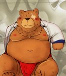 2024 anthro asian_clothing bear belly ben_bigger big_belly black_nose blush bulge clothing east_asian_clothing eyes_closed fundoshi hi_res japanese_clothing kemono male mammal mihoyo moobs navel nipples overweight overweight_male red_clothing red_fundoshi red_underwear scar snow_utamaru solo underwear zenless_zone_zero