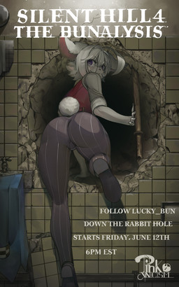 anthro bathroom_tiles big_butt big_ears butt clothing dress_shoes femboy hole_in_wall looking_back male mirror purple_eyes solo suit text topwear vest pinkcynicism konami silent_hill lucky_bun lagomorph leporid mammal rabbit 5:8 absurd_res english_text hi_res