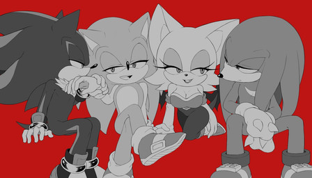 anthro armwear bodysuit clothing crossed_legs elbow_gloves female footwear gloves grabbing_hand group hand_holding handwear male red_background shoes simple_background sitting skinsuit tail tight_clothing wings snkprprsti sega sonic_the_hedgehog_(series) knuckles_the_echidna rouge_the_bat shadow_the_hedgehog sonic_the_hedgehog bat echidna eulipotyphlan hedgehog mammal monotreme 7:4