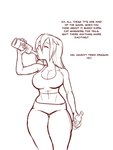 3:4 big_breasts breasts dialogue digital_media_(artwork) drinking english_text eyes_closed female general-irrelevant hair hi_res human human_only mammal not_furry simple_background solo text white_background