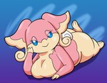 anthro blue_eyes breasts butt closed_smile eyelashes female fur glistening glistening_body hand_on_cheek hand_on_own_cheek looking_at_viewer lying mouth_closed multicolored_body multicolored_fur narrowed_eyes nude nude_anthro nude_female on_front pink_body pink_fur smile solo tail tan_body tan_fur white_body white_fur white_tail someth1ngoranother nintendo pokemon audino generation_5_pokemon pokemon_(species) 2024 digital_media_(artwork) hi_res