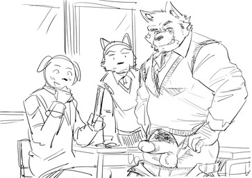 anthro balls blush classroom clothing erection genitals group humanoid_genitalia humanoid_hands humanoid_penis kemono male male/male overweight overweight_male penis pubes school shirt sitting topwear ujishiyo canid canine canis domestic_dog mammal 2021 monochrome sketch
